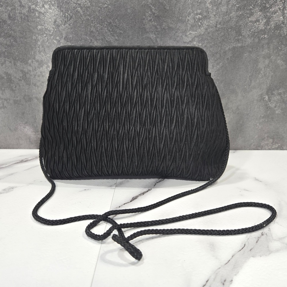 Whiting and Davis Evening Bag Black Satin Pleated Crossbody Clutch VTG 80s 90s
